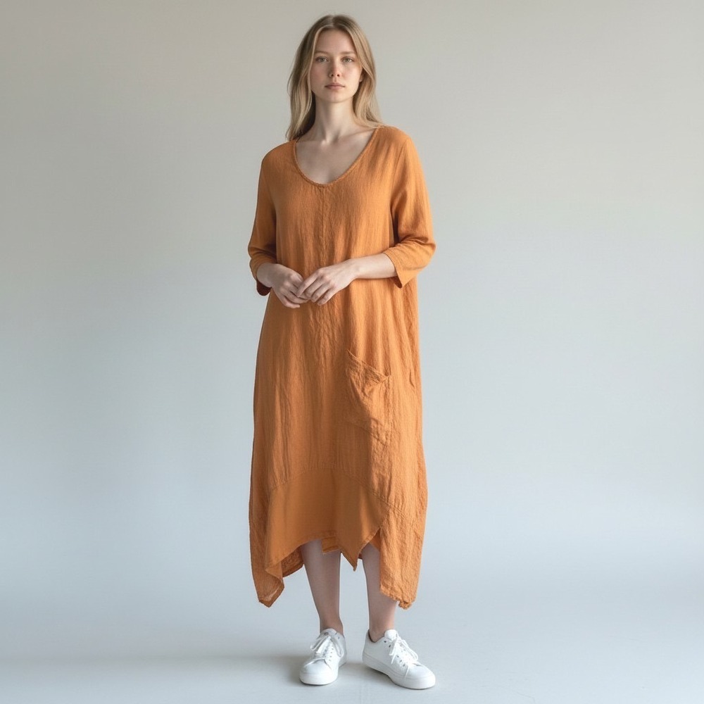 FLAX Size S Orange Linen Lagenlook Midi Dress Asymmetric Hem 3/4 Sleeve Boho